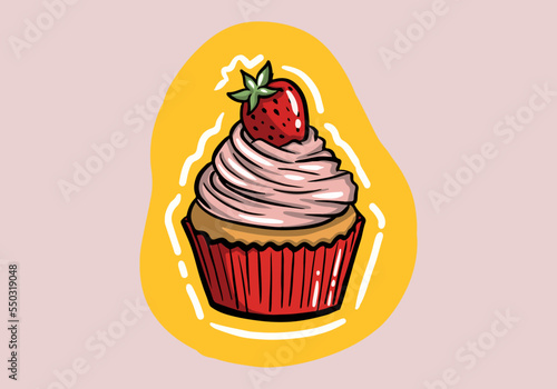Vector of a sweet vanilla cupcake with strawberry and leaf on the top. Hand drawn cupcake