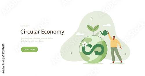 Circular economy. Sustainable economic growth strategy, recourses reuse and reduce climate impact. ESG, green energy and industry concept. Vector illustration. 
