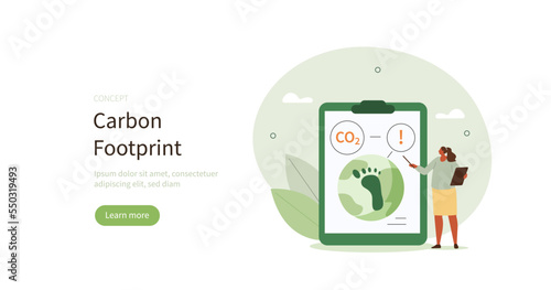 Carbon footprint. Character warning about CO2 emission pollution. Environmental impact and climate change concept. Vector illustration. 
