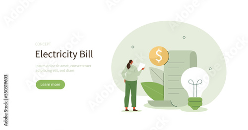Character calculating electricity bill, paying less and saving money. Energy efficiency in household and electricity consumption concept. Vector illustration.