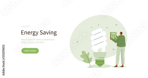 Character reduce energy consumption at home and use energy saving light bulb. Energy efficiency and electricity consumption in household concept. Vector illustration.
