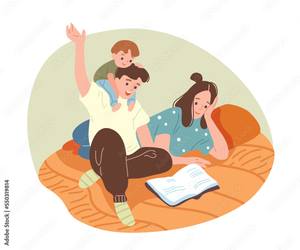 Family, parents, mammy, daddy and boy child, having a rest, sitting on sofa, couch and reading a book, boy sitting on daddy shoulders. Stay at home. Family resting at home together.Covid-19 quarantine Family, parents, mammy, daddy and boy child, having a rest, sitting on sofa, couch and reading a book, boy sitting on daddy shoulders. Stay at home. Family resting at home together.Covid-19 quarantine