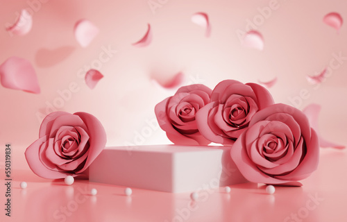 Fototapeta Naklejka Na Ścianę i Meble -  Empty podium with pink rose flowers on pink background to display products, Premium illustration pastel floral elements, beauty, cosmetic, valentines day, 3D rendering.