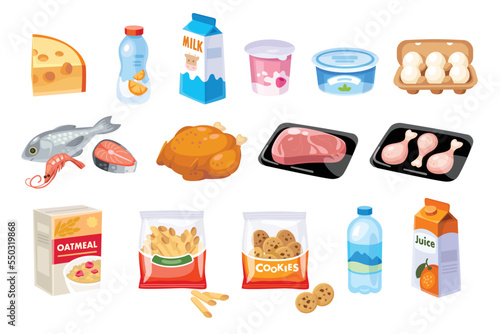 Collection, set of cartoon food and drink vector icons supermarket  merchandise assortment isolated. Food and meal clipart illustration. Collage of grocery food icons. Healthy eating diet, ration.