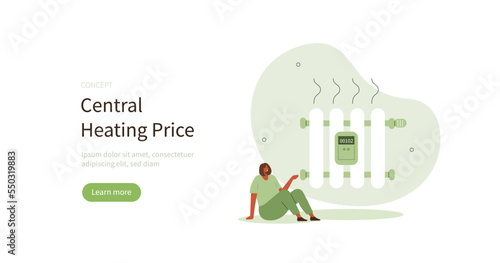 Character monitoring central heating meter. Home energy efficiency and energy consumption in household concept. Vector illustration.