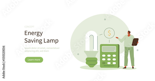 Character using energy efficient lamp, paying less and saving money. Power save in household and sustainable housing concept. Vector illustration.