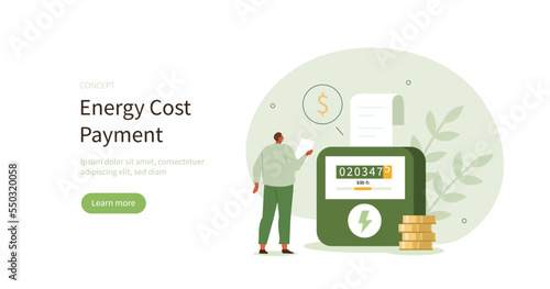 Character calculating and paying electricity and other utility costs. Energy efficiency in household and utilities consumption concept. Vector illustration. photo