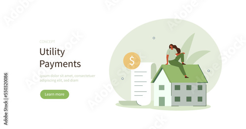 
Character calculating and paying utility costs in low energy house. Energy efficiency and utilities consumption at home concept. Vector illustration.
