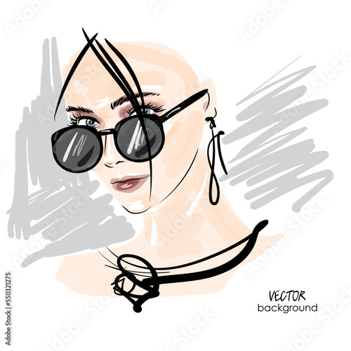 art sketching portrait of beautiful young woman makeup face in vector; glamour girl model fashion illustration; short party hairstyle for the evening, wedding, sunglasses