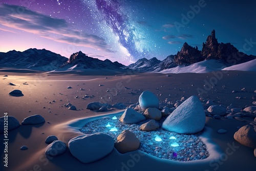 Fantasy landscape with sandy glaciers and purple crystal. Concept art. fantasy photo