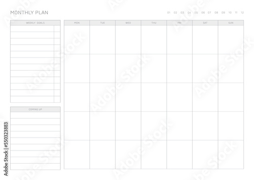 A simple, minimalistic style monthly planner. Note, scheduler, diary, calendar planner document template illustration.