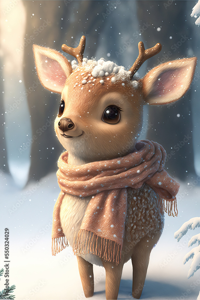 Little cute baby reindeer on winter Christmas day in warm winter clothes  waiting for the parents to return from giving gifts to the children.  Illustration of a small fictional creature. Stock Illustration