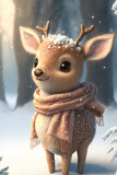 Little cute baby reindeer on winter Christmas day in warm winter clothes waiting for the parents to return from giving gifts to the children. Illustration of a small fictional creature.