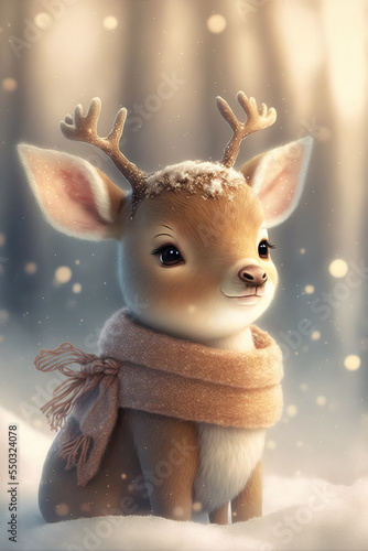 Little cute baby reindeer on winter Christmas day in warm winter clothes waiting for the parents to return from giving gifts to the children. Illustration of a small fictional creature. © Uncanny Valley