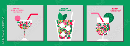 Minimalistic, modern New Year's cocktail design in a restrained style. Pattern of triangles and mosaic. Great for Christmas party invitations, advertising or social media.