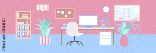 vector illustration of home office, room, studio, vector workplace illustration, interior with desk, desktop computer, plants, clock, window, bicycle, pinboard, cabinet, chair, binders and more