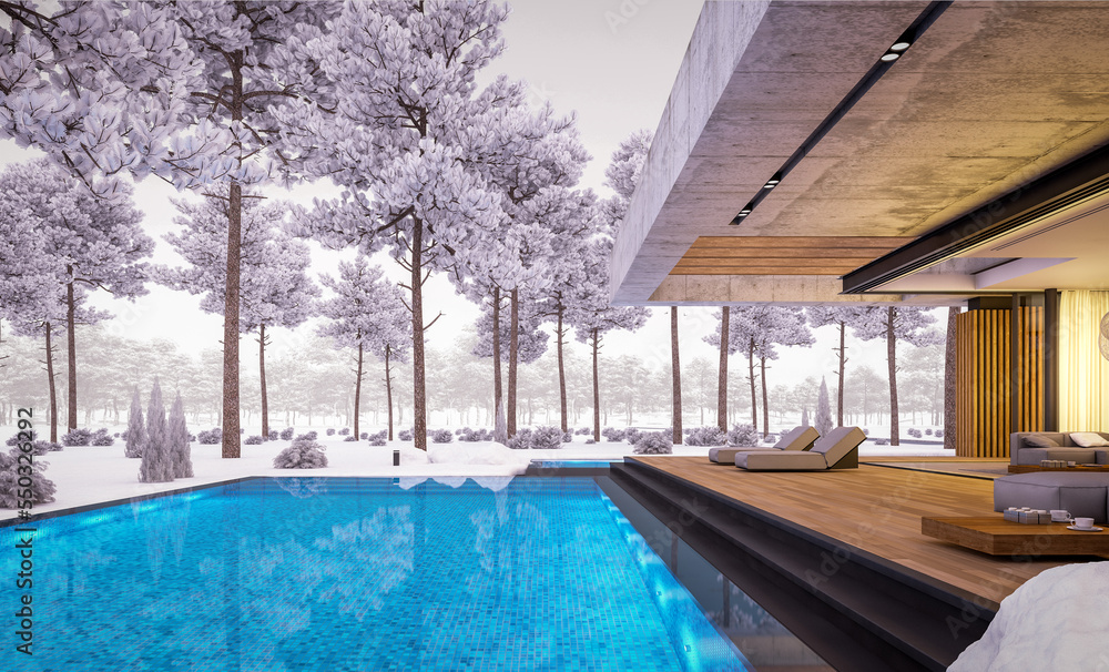 3d rendering of new concrete house in modern style with pool and parking for sale or rent and beautiful landscaping on background. One floor house. Cool winter evening with cozy light from windows 3d rendering of new concrete house in modern style with pool and parking for sale or rent and beautiful landscaping on background. One floor house. Cool winter evening with cozy light from windows