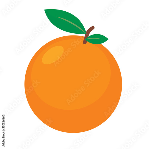 Orange with leafs. Vector orange illustration. Fresh juicy orange for drink. Leafs. Cute flat design. Tropical. Vitamin C. Healthy tropical nutrition.