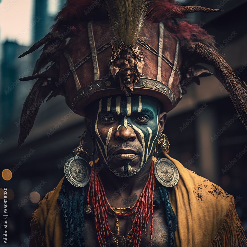 Voodoo witch doctor dressed in traditional clothing with big elaborate