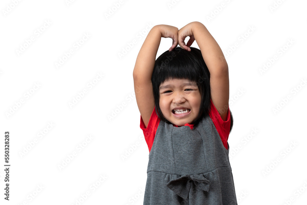 Portrait of happy and funny Asian child girl on white background, a child looking at camera hand gesture. Preschool kid dreaming fill with energy feeling healthy and good concept Portrait of happy and funny Asian child girl on white background, a child looking at camera hand gesture. Preschool kid dreaming fill with energy feeling healthy and good concept