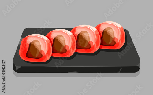 Cartoon strawberry mochi on the stone tray. Japanese yummy sweet desserts with chocolate. Vector illustration
