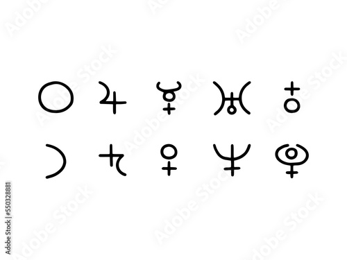 Planet symbols: Sun, Moon, Mercury, Venus, Mars, Jupiter, Saturn, Uranus, Neptune, Pluto. Black Planet signs isolated on white background. 