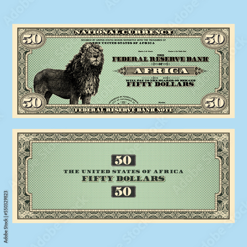 Vector fictional African money with a face value of 50 dollars. Obverse and reverse of the banknote with a guilloche frame and a large lion.