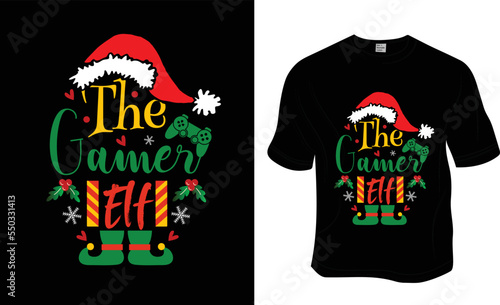 The Gamer Elf, Christmas t-shirt design.Ready to print for apparel, poster, and illustration. Modern, simple, lettering.
