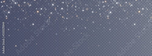 Christmas background. Powder dust light PNG. Magic shining gold and white dust. Fine, shiny dust bokeh particles fall off slightly. Fantastic shimmer effect. Vector illustrator.