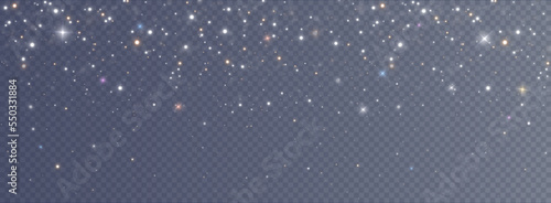 Christmas background. Powder dust light PNG. Magic shining gold and white dust. Fine, shiny dust bokeh particles fall off slightly. Fantastic shimmer effect. Vector illustrator.
