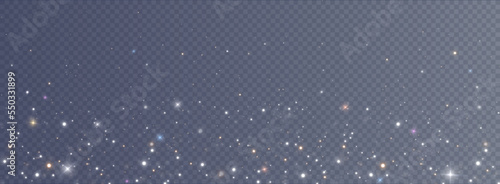 Christmas background. Powder dust light PNG. Magic shining gold and white dust. Fine, shiny dust bokeh particles fall off slightly. Fantastic shimmer effect. Vector illustrator.