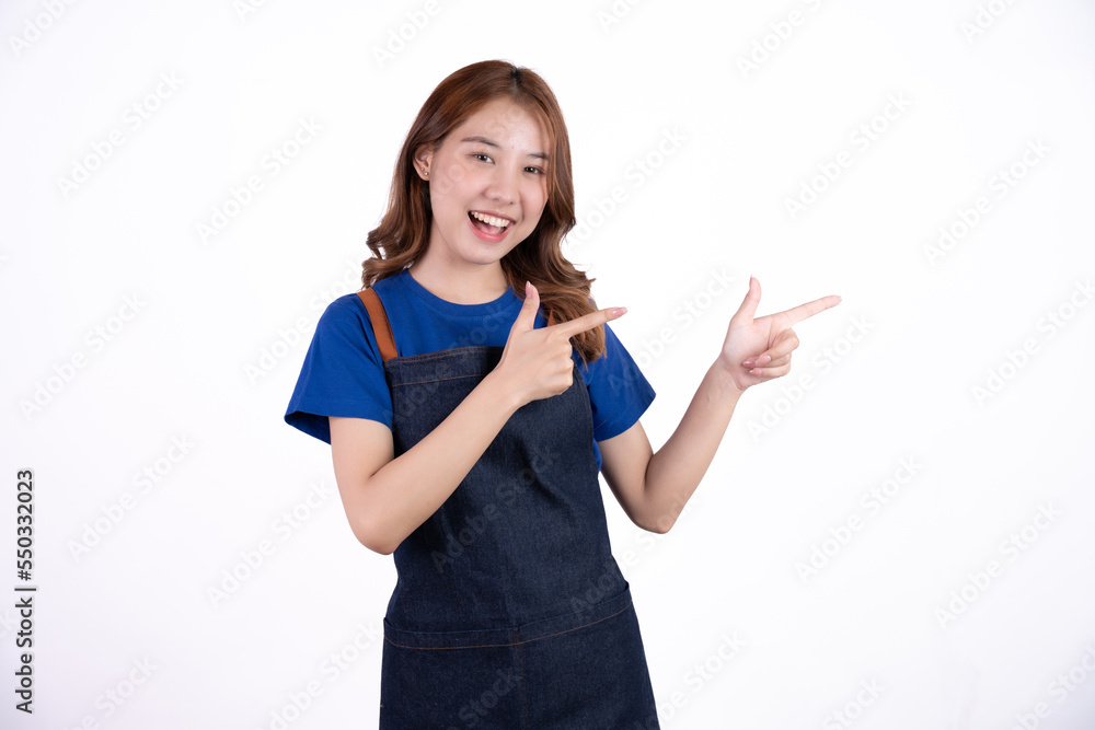 Small business shop owner. Apron asian woman smiling proud and happy isolated on white background. Young entrepreneur asian female. Small business shop owner. Apron asian woman smiling proud and happy isolated on white background. Young entrepreneur asian female.