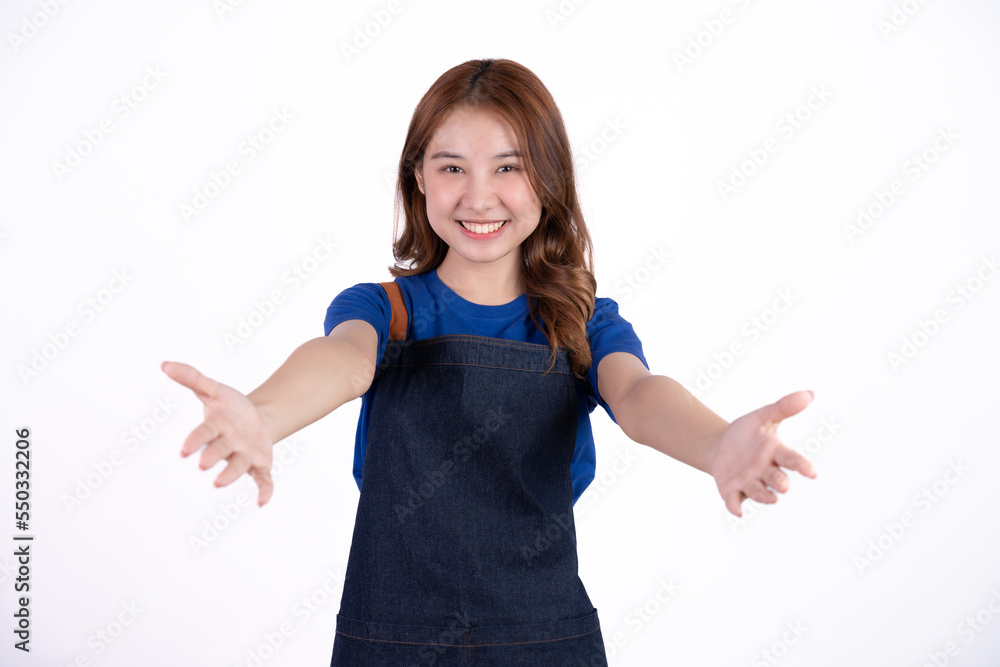 Small business shop owner. Apron asian woman smiling proud and happy isolated on white background. Young entrepreneur asian female. Small business shop owner. Apron asian woman smiling proud and happy isolated on white background. Young entrepreneur asian female.