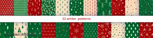 Vector Set of simple Seamless Christmas and New Year`s patterns. Winter and Christmas elements on a dark background. Wrap for gifts.  