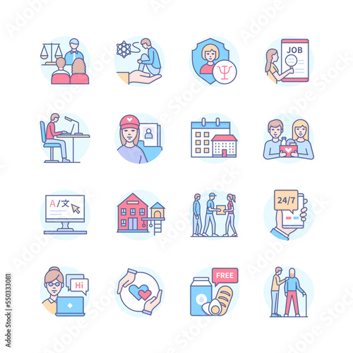 Donation and psychological help - line design style icons set