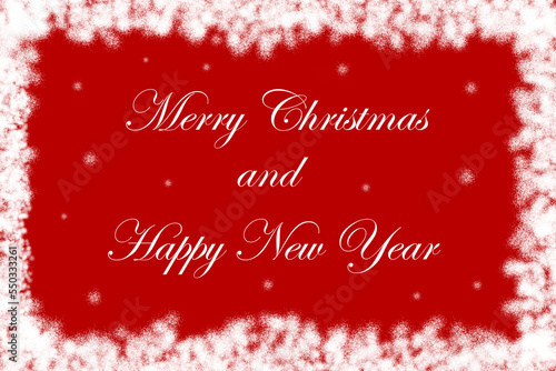 Merry Christmas and Happy New Year text on the red background with snowflakes and snowy frame. Christmas greeting card.