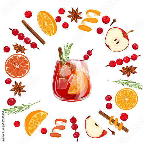 A set of ingredients for sangria with cranberries.Christmas drink with cinnamon, orange, star anise, cranberry, apple.Winter holiday cocktail.