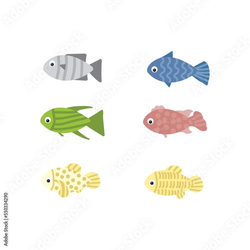 Vector illustration, Isolated  river fish. Set of freshwater aquarium cartoon fish, Flat design fish,  fish collection on white background.