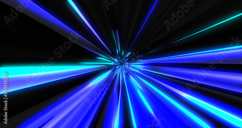 A tunnel flying at the speed of light from multi-colored blue and white moving light strips and energy beams. Abstract background