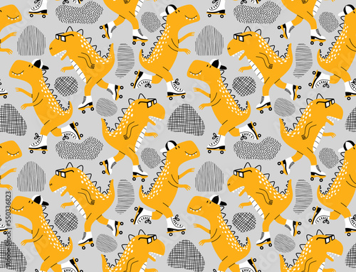 Seamless pattern with cute dinosaurs on roller skater.