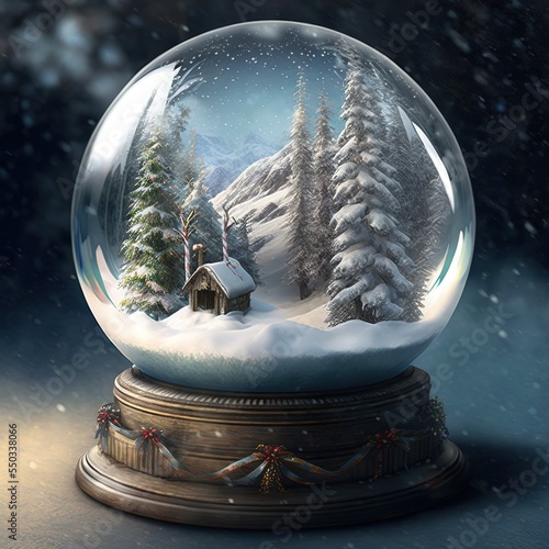Christhmas snowglobe with a little comfy house in the winter with snow and trees, 3D rendered photo