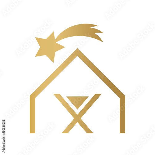christmas nativity scene, Holy Night: manger, shed and Star of Bethlehem golden icon- vector illustration