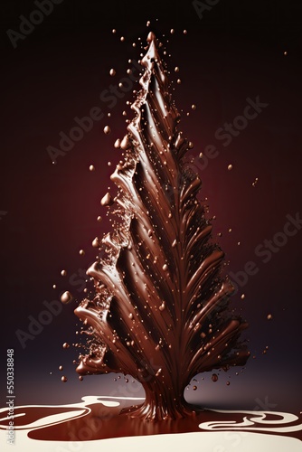 Christmas tree made of milk chocolate, splash of liquid, golden lighting 