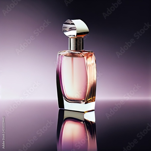 a bottle of perfume sitting on a reflective surface with a purple background and a reflection of the bottle on the floor., generative ai