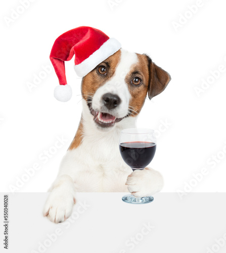 Happy Jack russell terrier puppy wearing red santa hat holds glass of red wine and looks above  empty white banner. isolated on white background © Ermolaev Alexandr