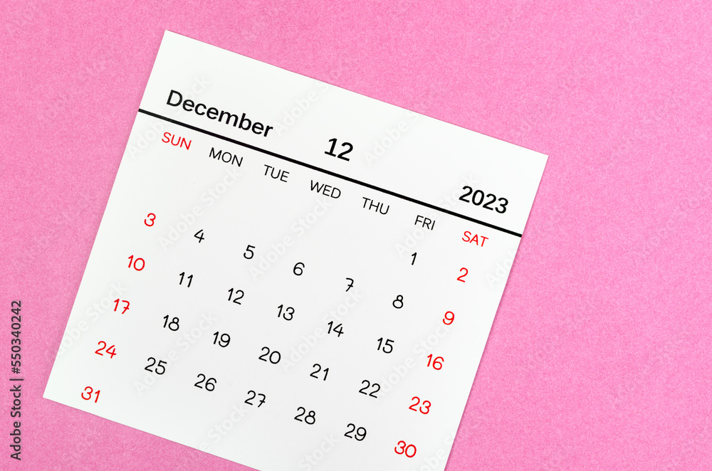 The December 2023 Monthly calendar for 2023 year on pink background. The December 2023 Monthly calendar for 2023 year on pink background.