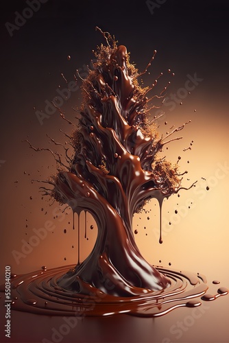 Christmas tree made of milk chocolate, splash of liquid, golden lighting 