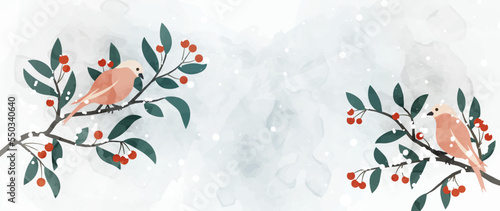 Winter art watercolor background. Winter botanical leaf branch with birds and snowfall on snowy background with watercolor. Vector design for print, decoration, poster, wallpaper, banner.