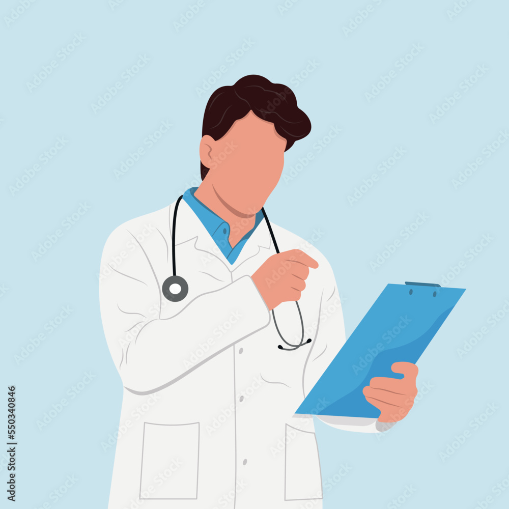 Curiosity concept. A man is a doctor with a tablet and a stethoscope standing, looking at something with a magnifying glass and trying to find something. Vector illustration. Curiosity concept. A man is a doctor with a tablet and a stethoscope standing, looking at something with a magnifying glass and trying to find something. Vector illustration.