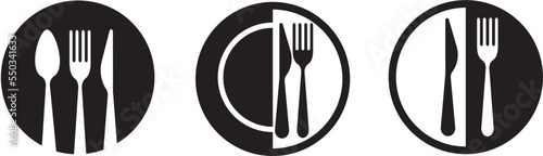 Set of fork, knife, spoon. Logotype menu. Set in flat style. Silhouette of cutlery. Vector illustration